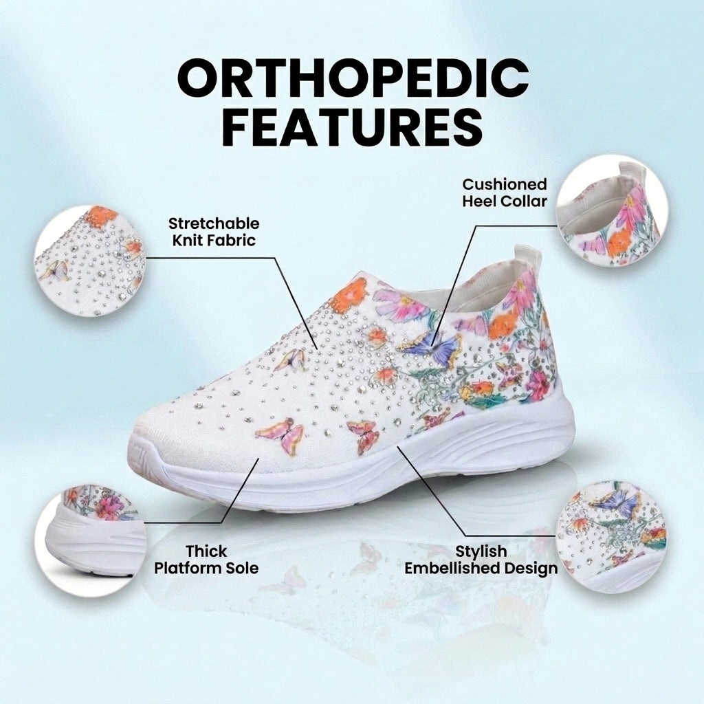 Orthopedic Knit Slip-On Sneakers - Butterfly & Floral Print & Crystal Embellishments