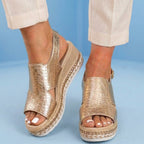 Orthopedic Metallic Croc Platform Sandals - Espadrille Wedge & Studded Trim