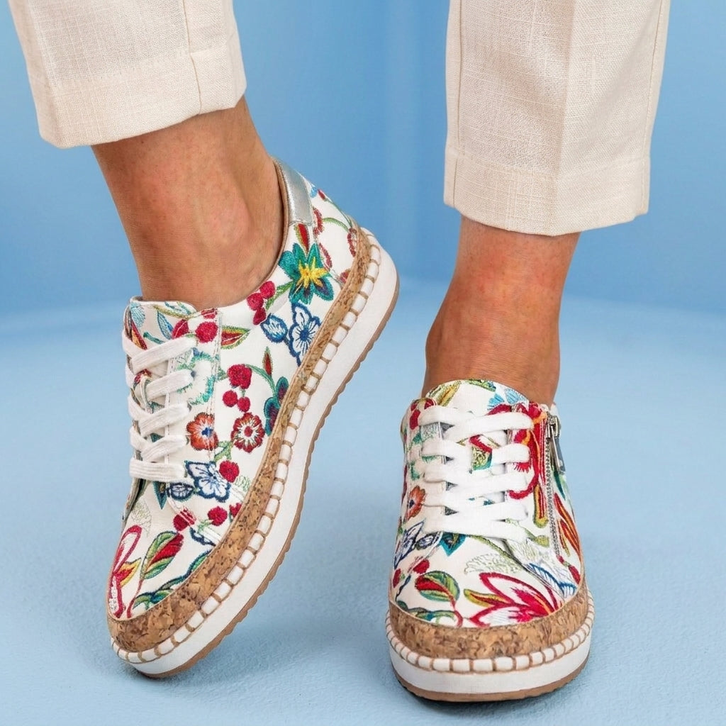 Orthopedic Canvas Espadrille Sneakers - Embroidered Floral Pattern & Cork Trim Detail