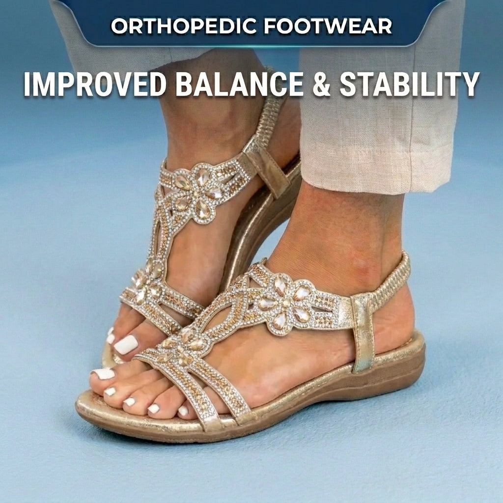 Orthopedic Embellished Wedge Sandals - Rhinestone Floral & Elastic Slingback