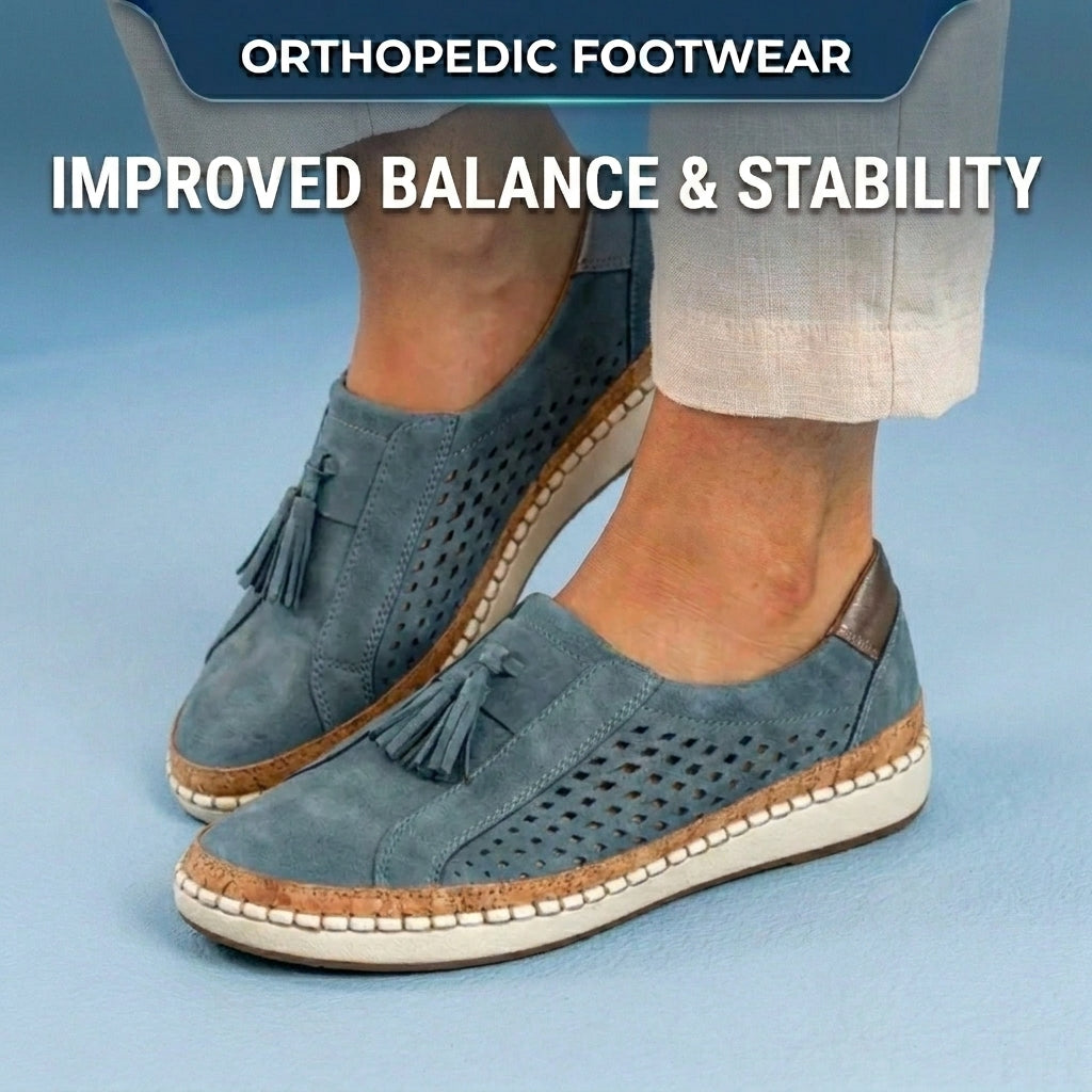 Orthopedic Leather Slip-On Sneakers - Tassel & Perforated Detail