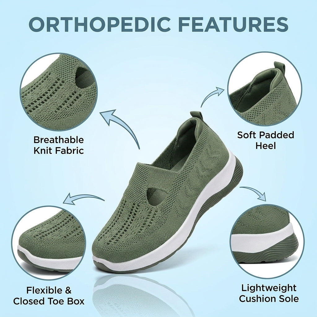 Orthopedic Knit Slip-On Wedge Sneakers - Cutout Teardrop Design & Rocker Sole