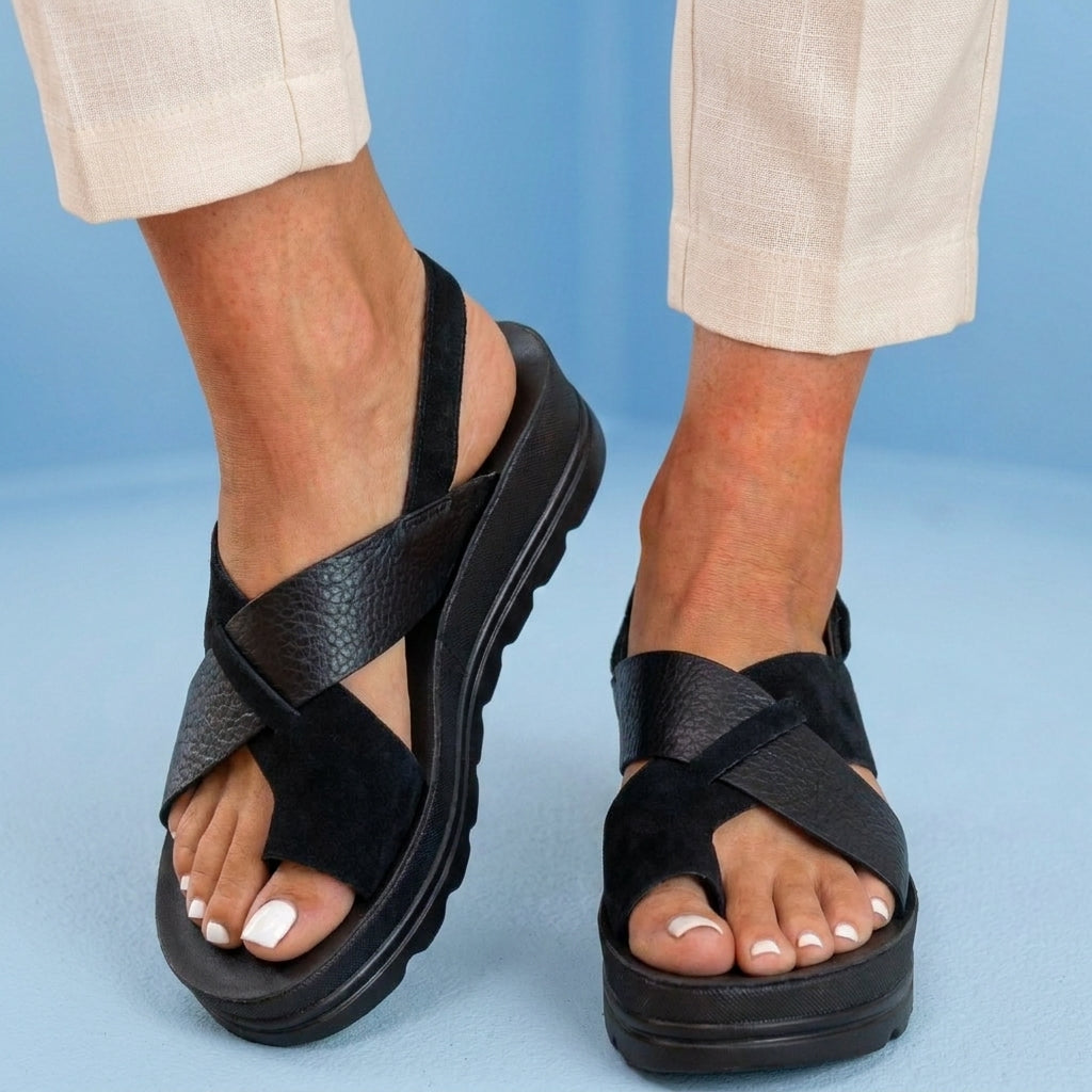 Orthopedic Platform Wedge Sandals - Metallic & Suede
