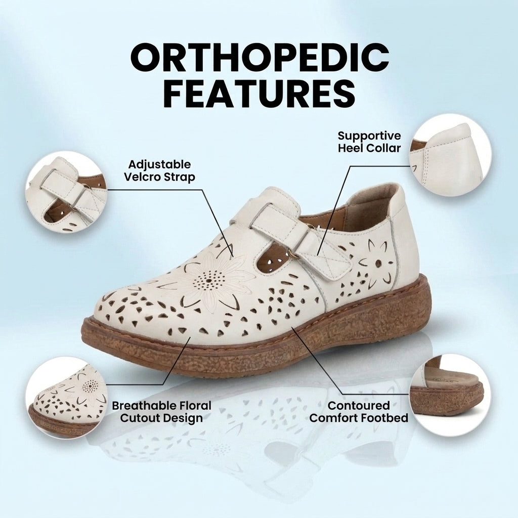 Orthopedic Leather Perforated Mary Janes - Floral Cutout T-Strap
