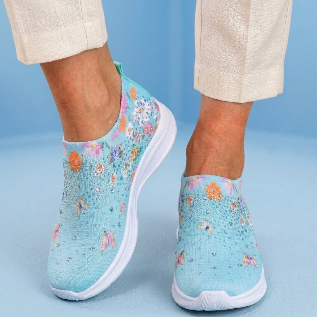 Orthopedic Knit Slip-On Sneakers - Butterfly & Floral Print & Crystal Embellishments