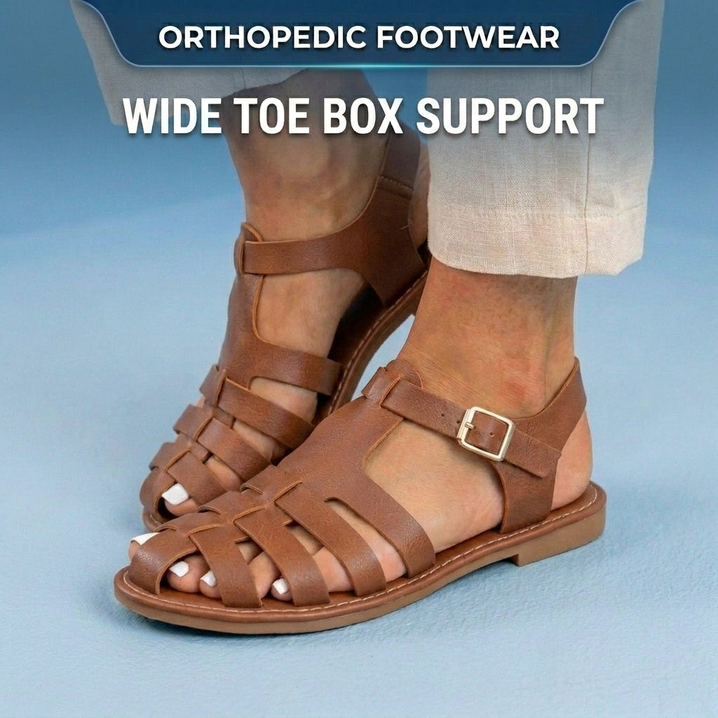 Orthopedic Leather Fisherman Sandals - Multi-Strap Buckle Closure