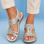 Orthopedic Embellished Wedge Sandals - Rhinestone Floral & Elastic Slingback