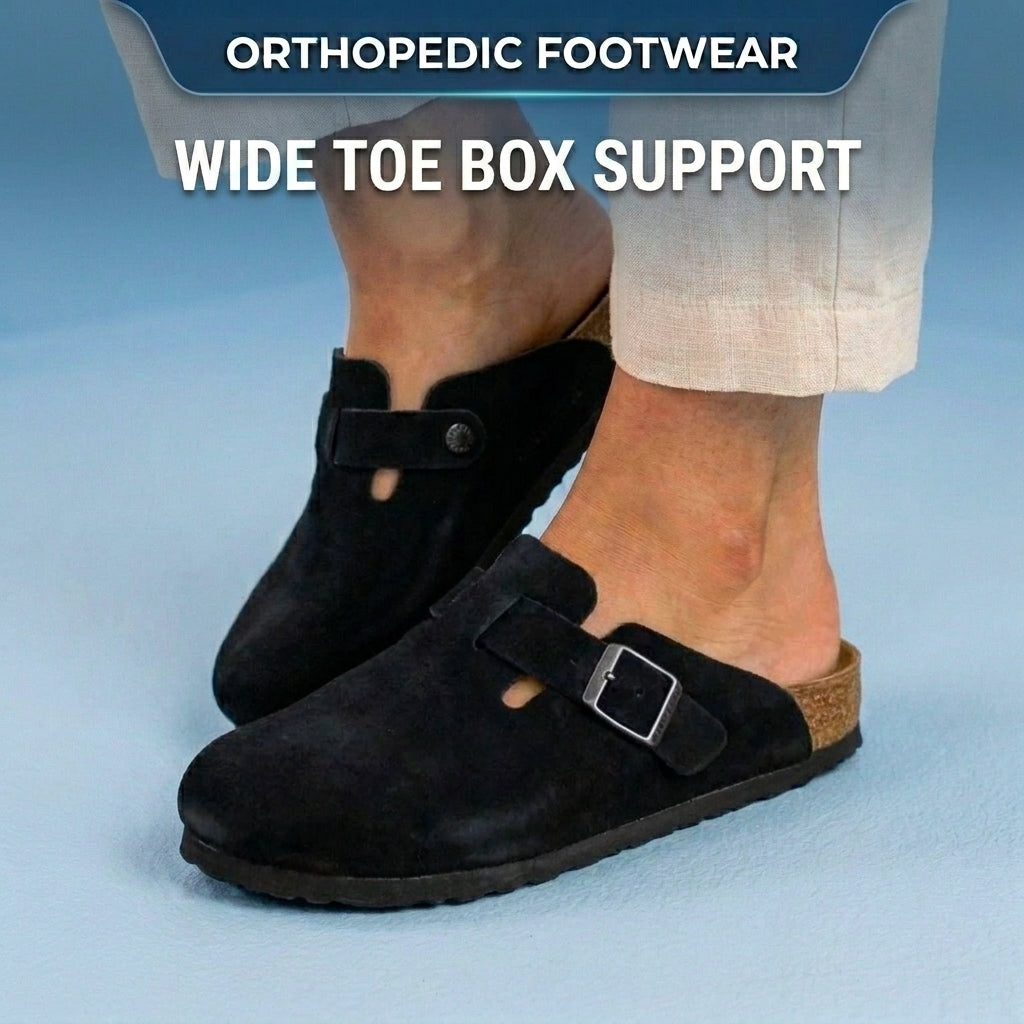 Orthopedic Suede Cork Footbed Clogs - Single Buckle Detail