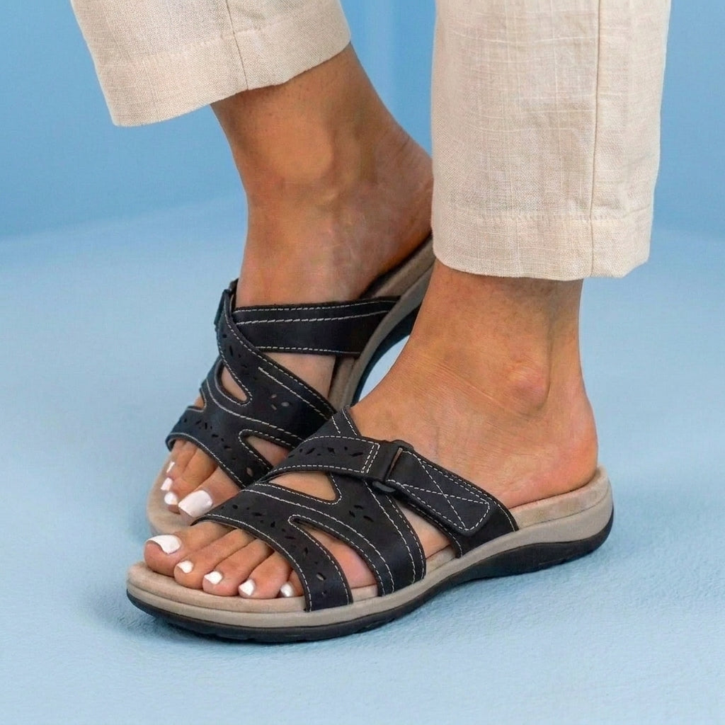 Orthopedic Suede Slide Sandals - Perforated Cutout & Velcro Closure