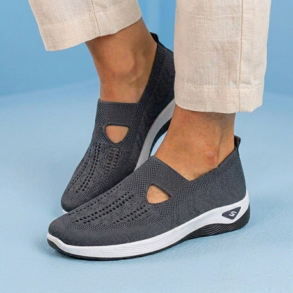 Orthopedic Knit Slip-On Wedge Sneakers - Cutout Teardrop Design & Rocker Sole