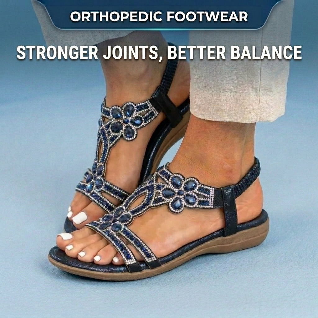 Orthopedic Embellished Wedge Sandals - Rhinestone Floral & Elastic Slingback