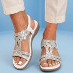 Orthopedic Embellished Wedge Sandals - Rhinestone Floral & Elastic Slingback