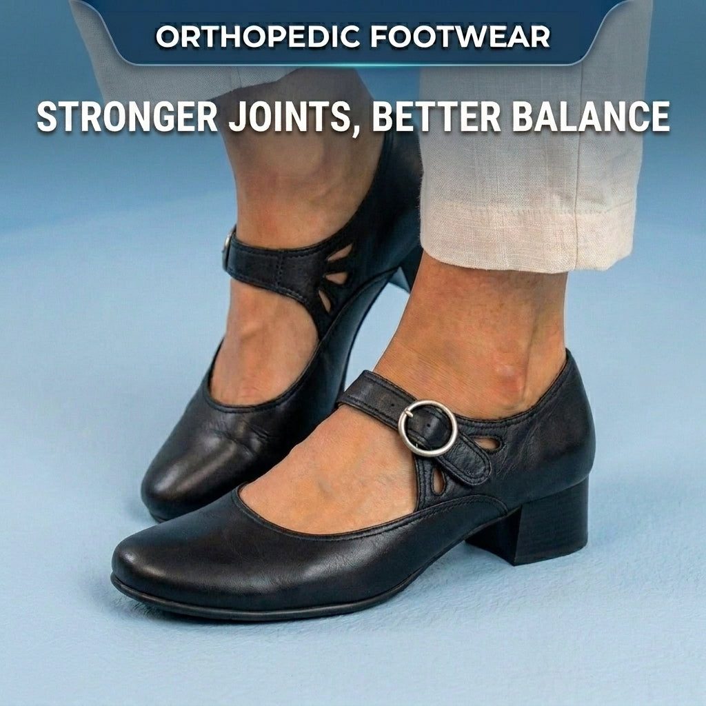 Orthopedic Suede Mary Jane Block Heels - Ring Buckle & Cutout Detail