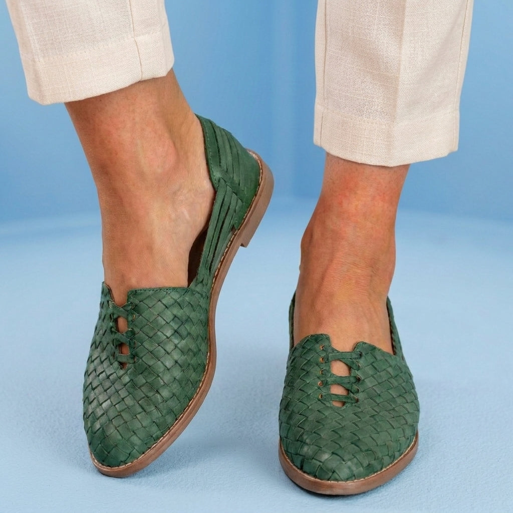 Orthopedic Leather Woven Slip-On Flats - Basketweave Cutout Detail