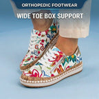 Orthopedic Canvas Espadrille Sneakers - Embroidered Floral Pattern & Cork Trim Detail