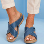Orthopedic Leather Crossover Slide Sandals - Contrast Stitching Detail