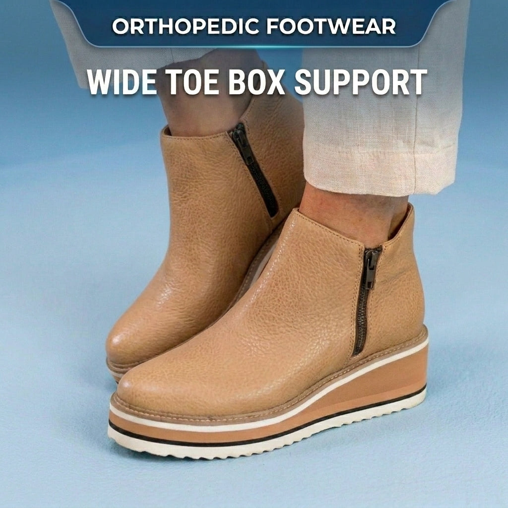 Orthopedic Leather Platform Ankle Boots - Side Zip Wedge
