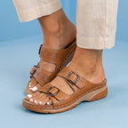 Orthopedic Leather Platform Slide Sandals - Double Buckle Perforated Design