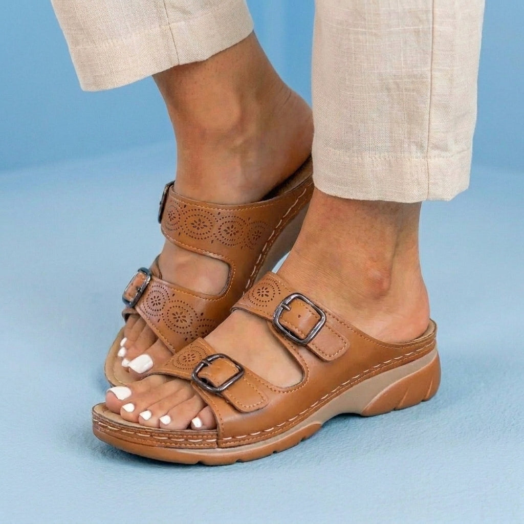 Orthopedic Leather Platform Slide Sandals - Double Buckle Perforated Design