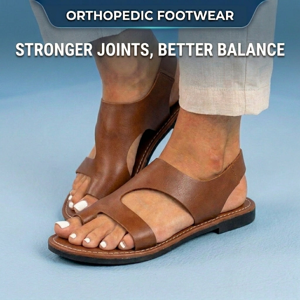 Orthopedic Leather Cutout Slide Sandals - Asymmetric Open Toe Design