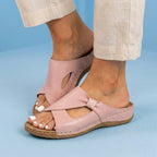 Orthopedic Leather Crossover Slide Sandals - Contrast Stitching Detail