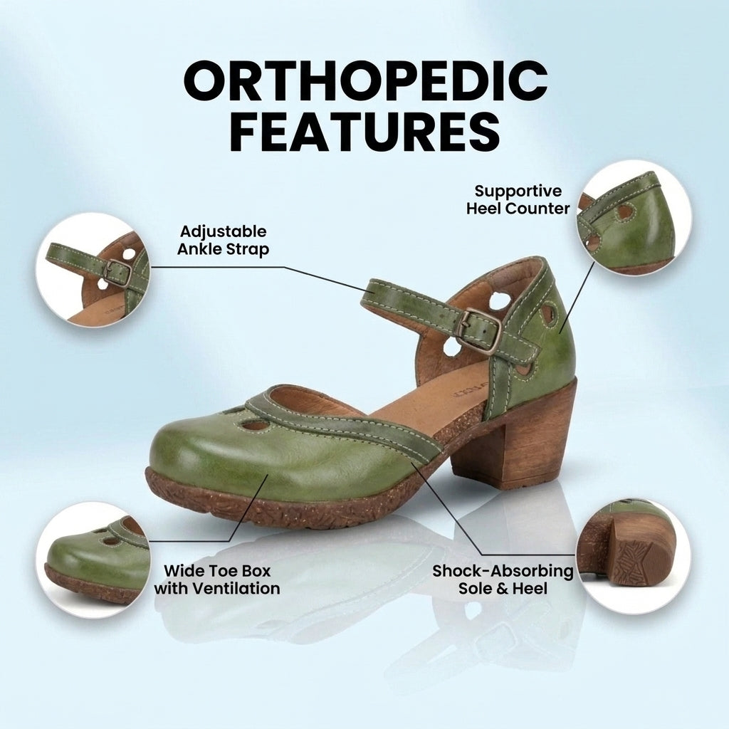 Orthopedic Leather Color-Block Mary Janes - Cutout Pattern & Dual-Buckle