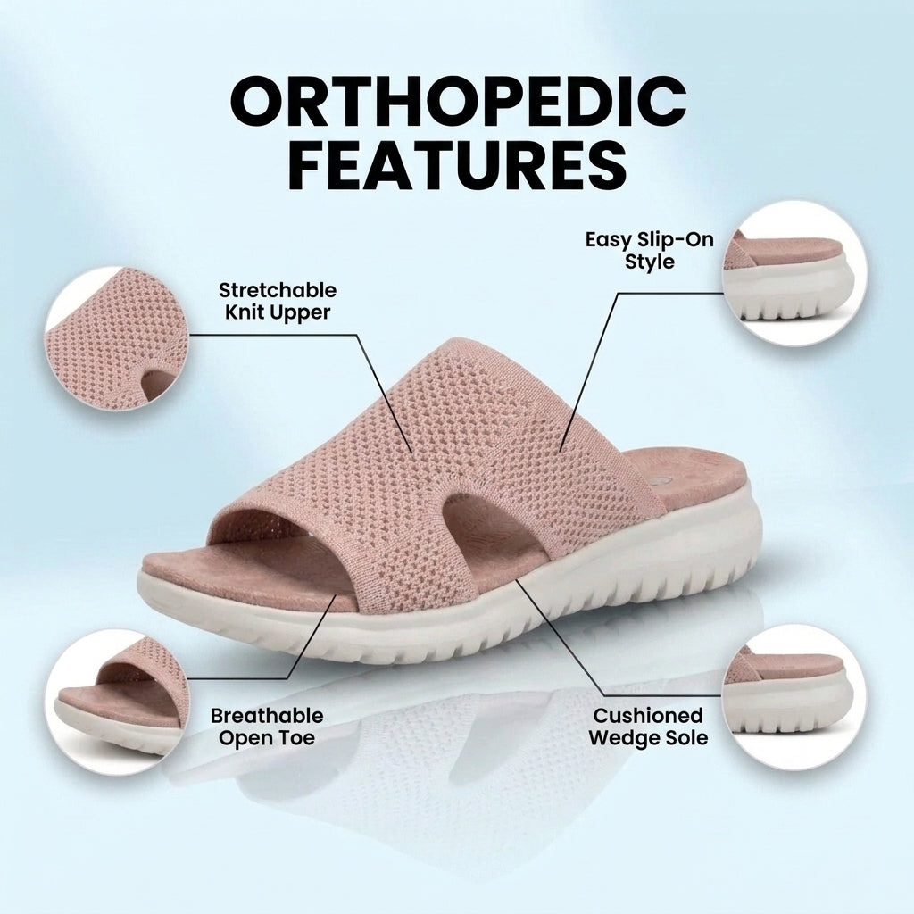 Orthopedic Knit Slide Sandals - Wide Cutout Band Design & Breathable Mesh Construction