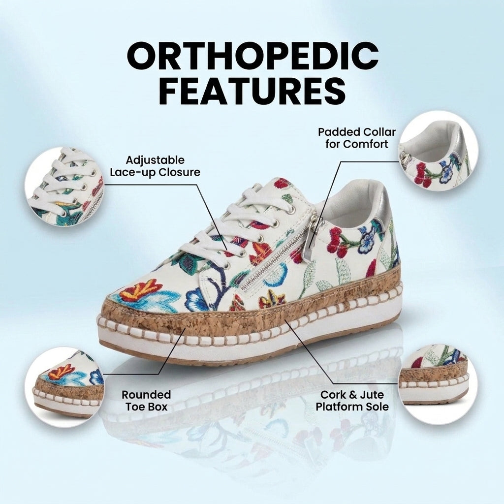 Orthopedic Canvas Espadrille Sneakers - Embroidered Floral Pattern & Cork Trim Detail