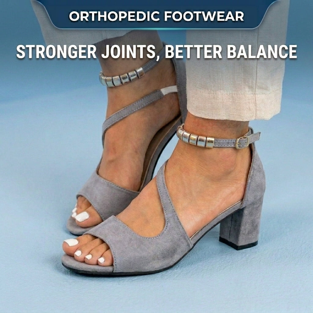 Orthopedic Suede Block Heel Sandals - Metallic Beaded Ankle Strap