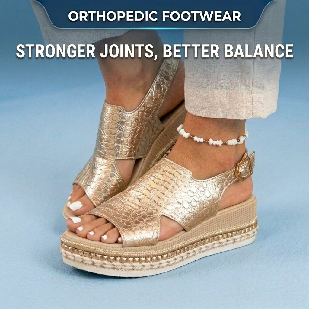 Orthopedic Metallic Croc Platform Sandals - Espadrille Wedge & Studded Trim