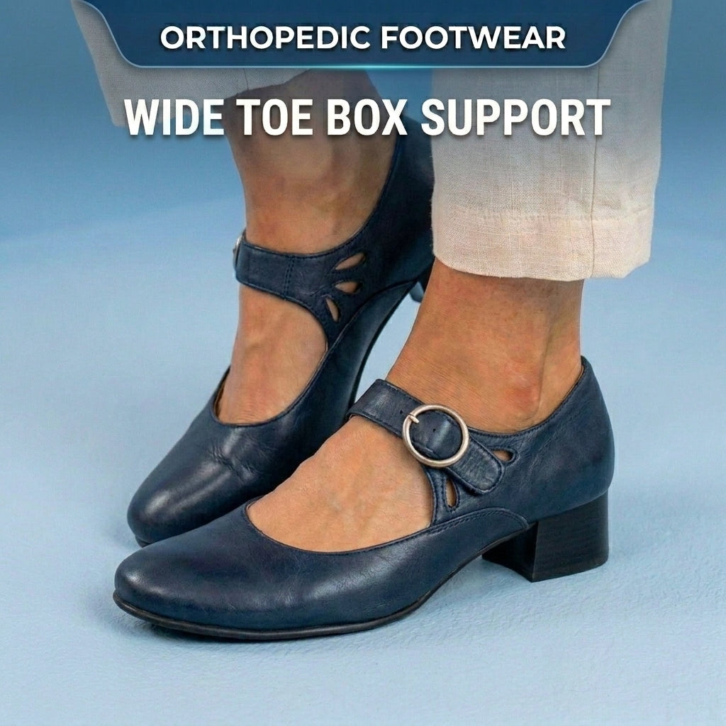 Orthopedic Suede Mary Jane Block Heels - Ring Buckle & Cutout Detail