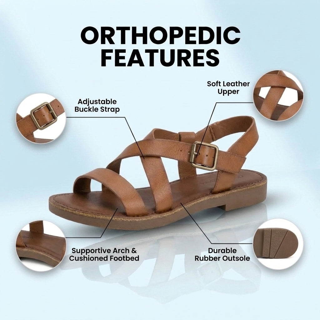 Orthopedic Leather Gladiator Sandals - Cross-Strap Ankle Buckle