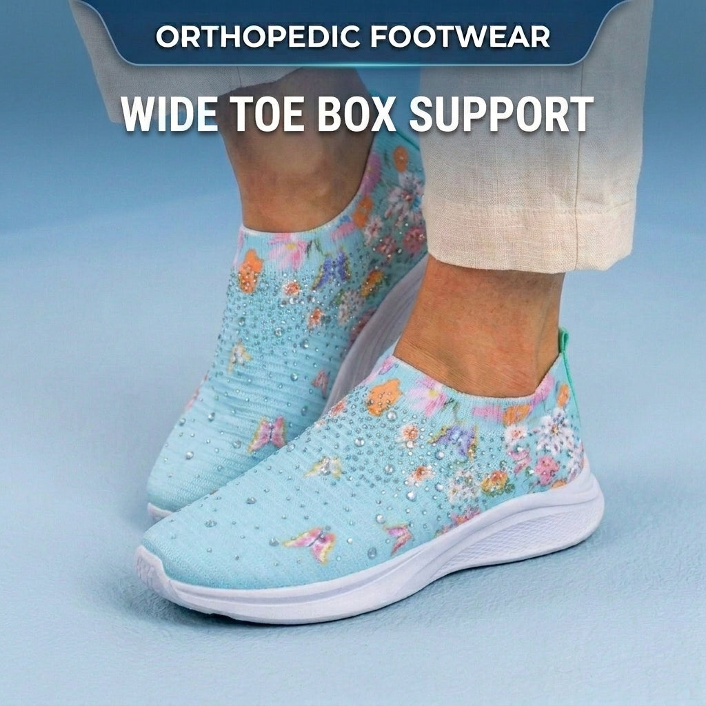 Orthopedic Knit Slip-On Sneakers - Butterfly & Floral Print & Crystal Embellishments