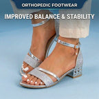 Orthopedic Glitter Ankle Strap Sandals - Metallic Accent & Studded Low Heel
