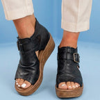 Orthopedic Leather Platform Sandals - Double Buckle Ankle Strap