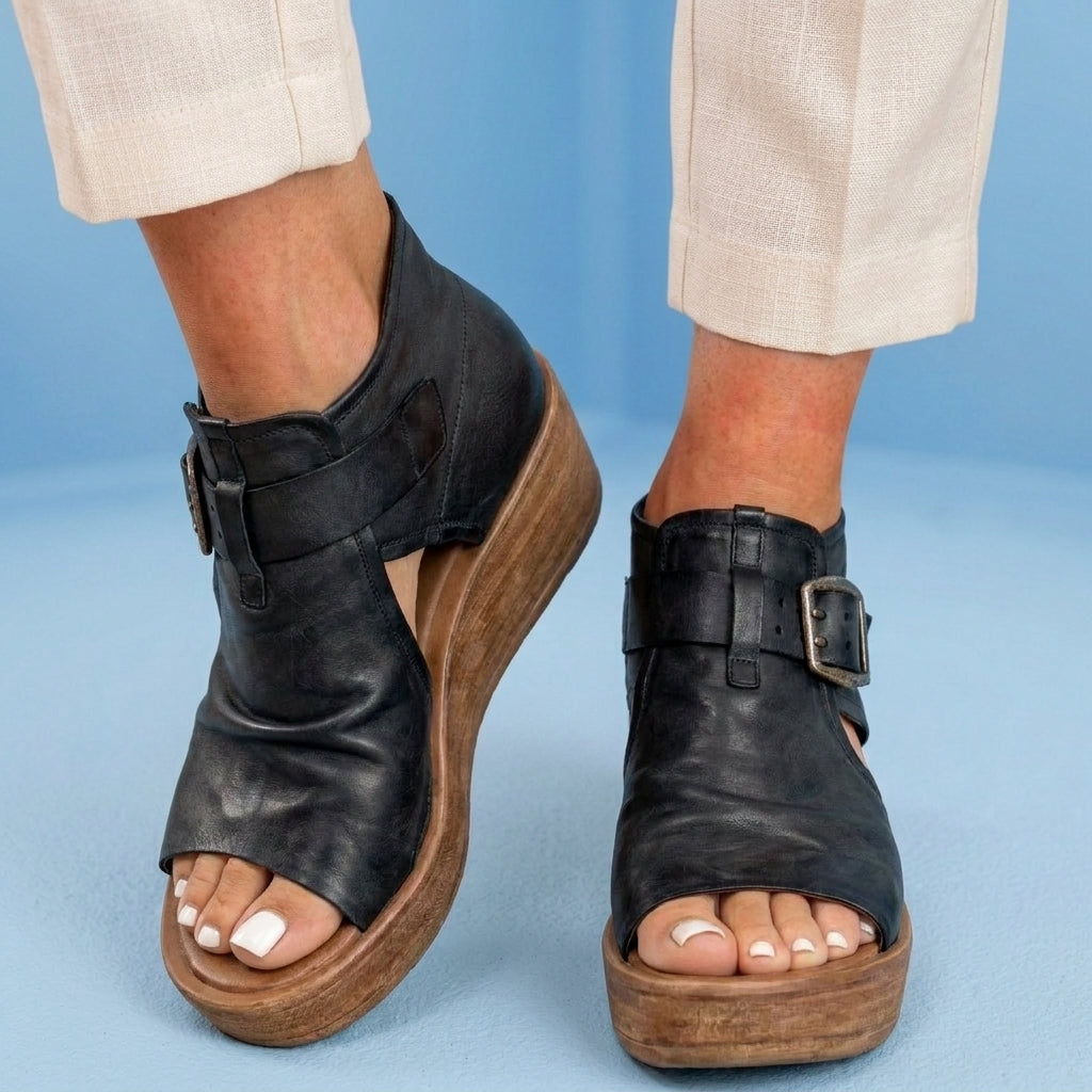 Orthopedic Leather Platform Sandals - Double Buckle Ankle Strap