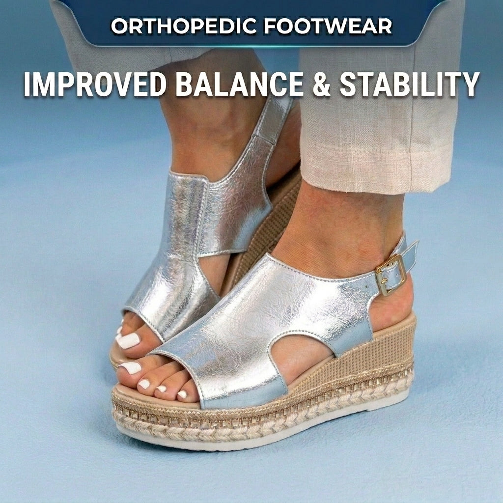 Orthopedic Metallic Croc Platform Sandals - Espadrille Wedge & Studded Trim