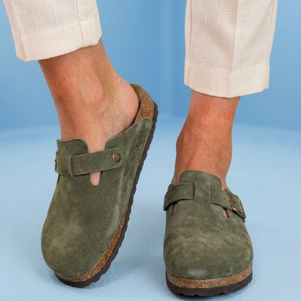 Orthopedic Suede Cork Footbed Clogs - Single Buckle Detail