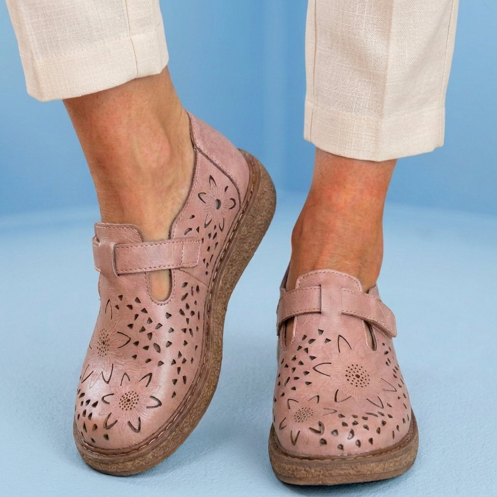 Orthopedic Leather Perforated Mary Janes - Floral Cutout T-Strap