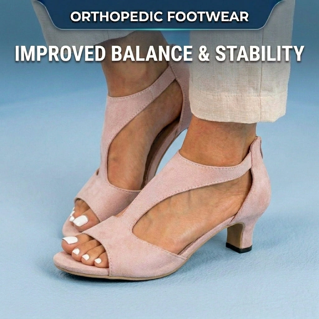 Orthopedic Linen Block Heel Sandals - T-Strap Peep-Toe Desig
