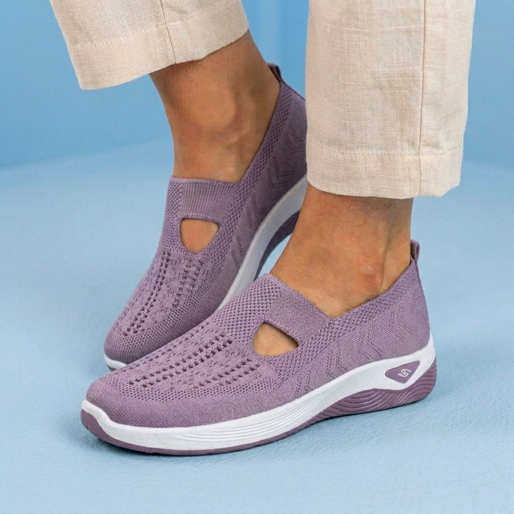 Orthopedic Knit Slip-On Wedge Sneakers - Cutout Teardrop Design & Rocker Sole