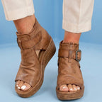 Orthopedic Leather Platform Sandals - Double Buckle Ankle Strap