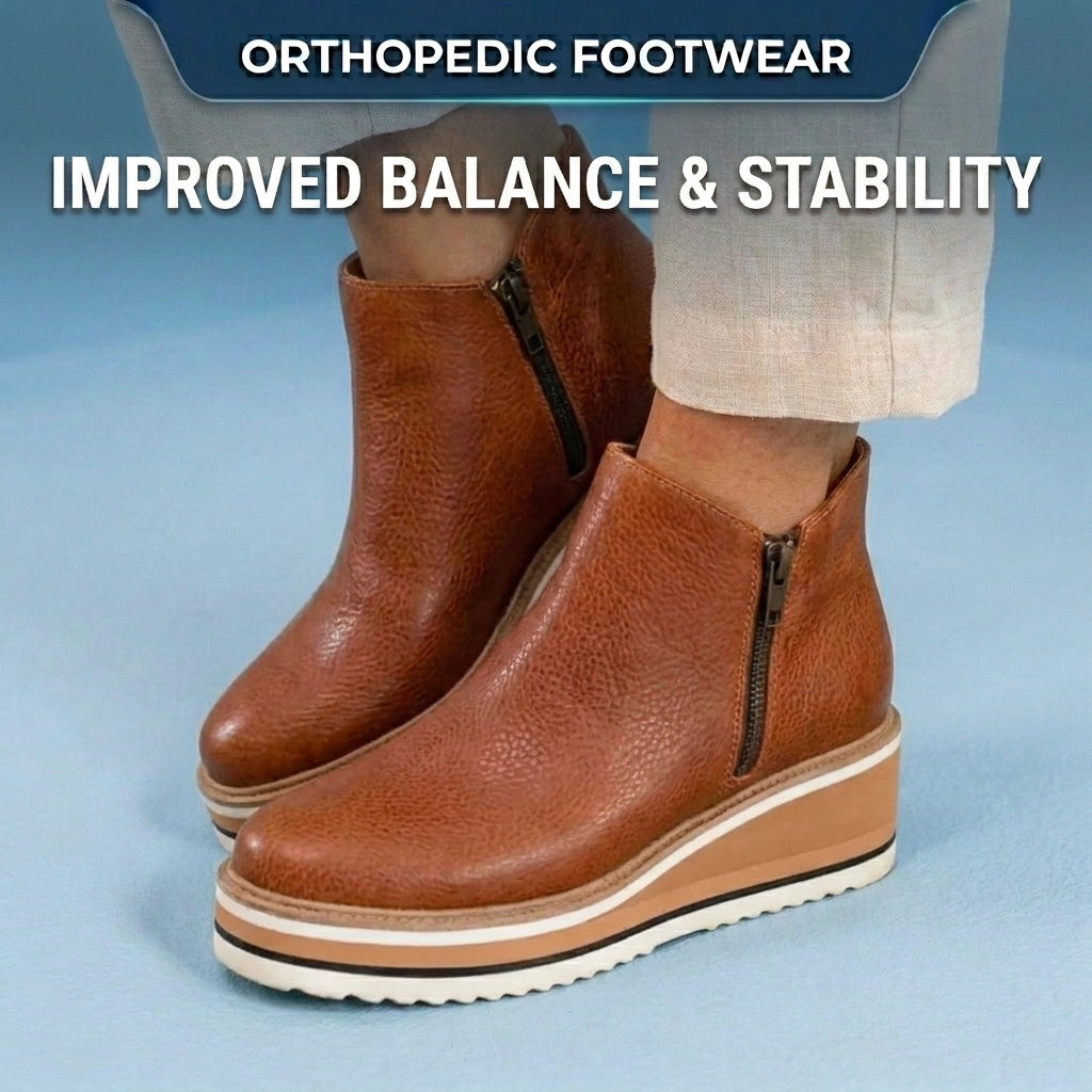 Orthopedic Leather Platform Ankle Boots - Side Zip Wedge