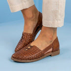 Orthopedic Leather Woven Slip-On Flats - Basketweave Cutout Detail