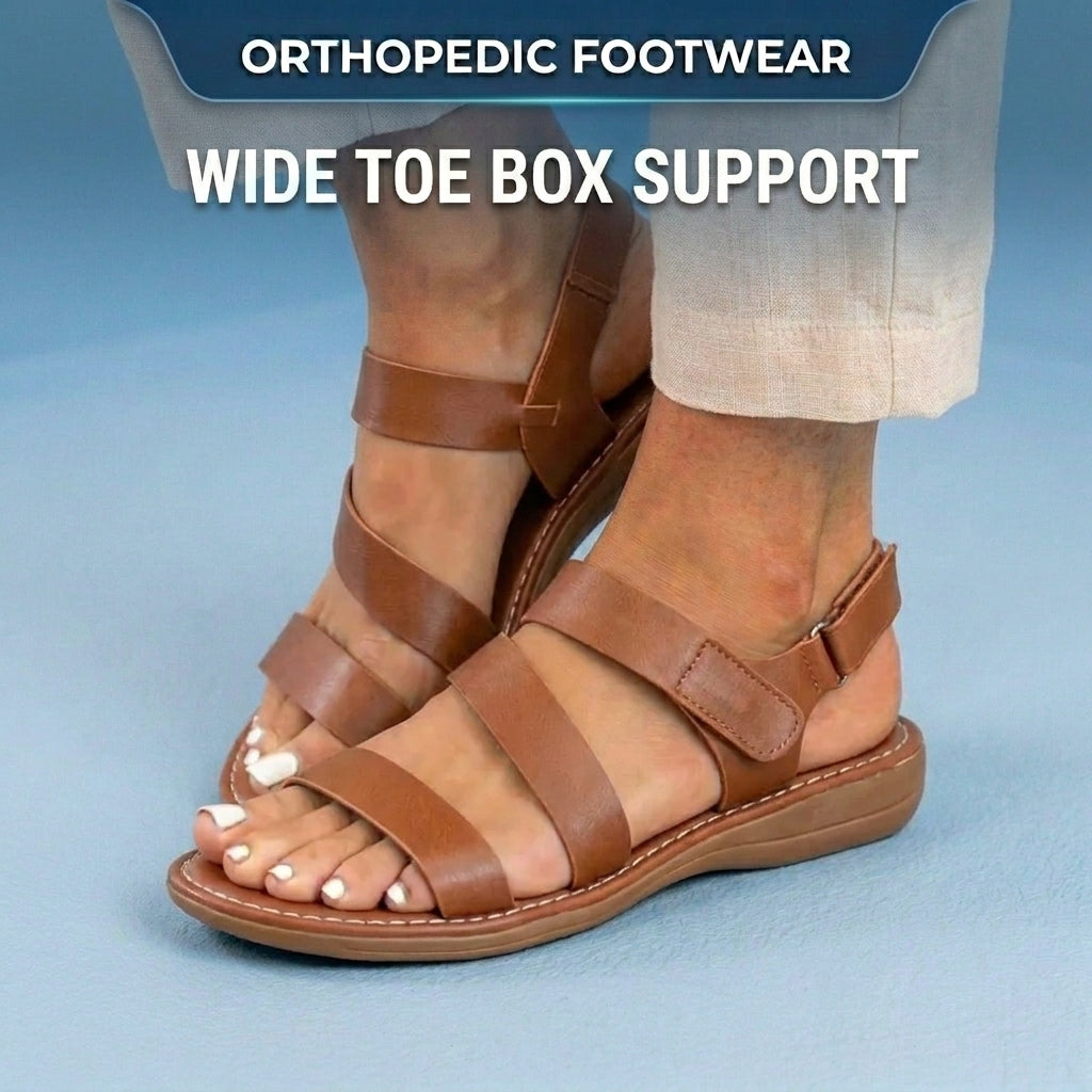 Orthopedic Leather Multi-Strap Sandals - Triple Buckle Closure