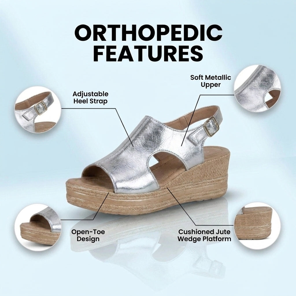 Orthopedic Metallic Croc Platform Sandals - Espadrille Wedge & Studded Trim