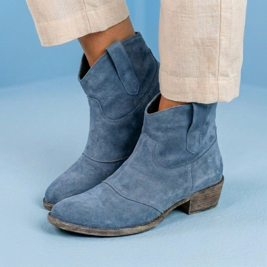 Orthopedic Suede Western Ankle Boots - Low Block Heel Pull-On