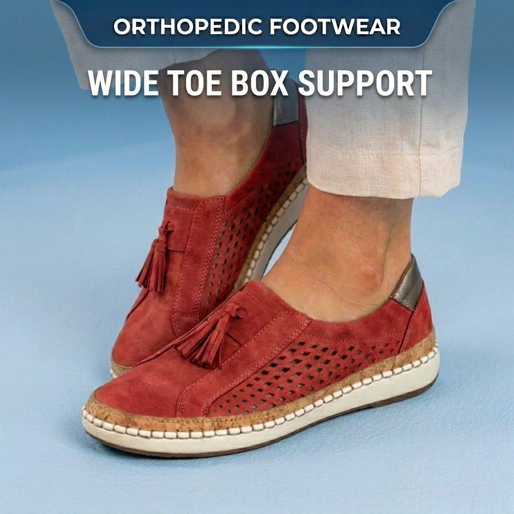 Orthopedic Leather Slip-On Sneakers - Tassel & Perforated Detail