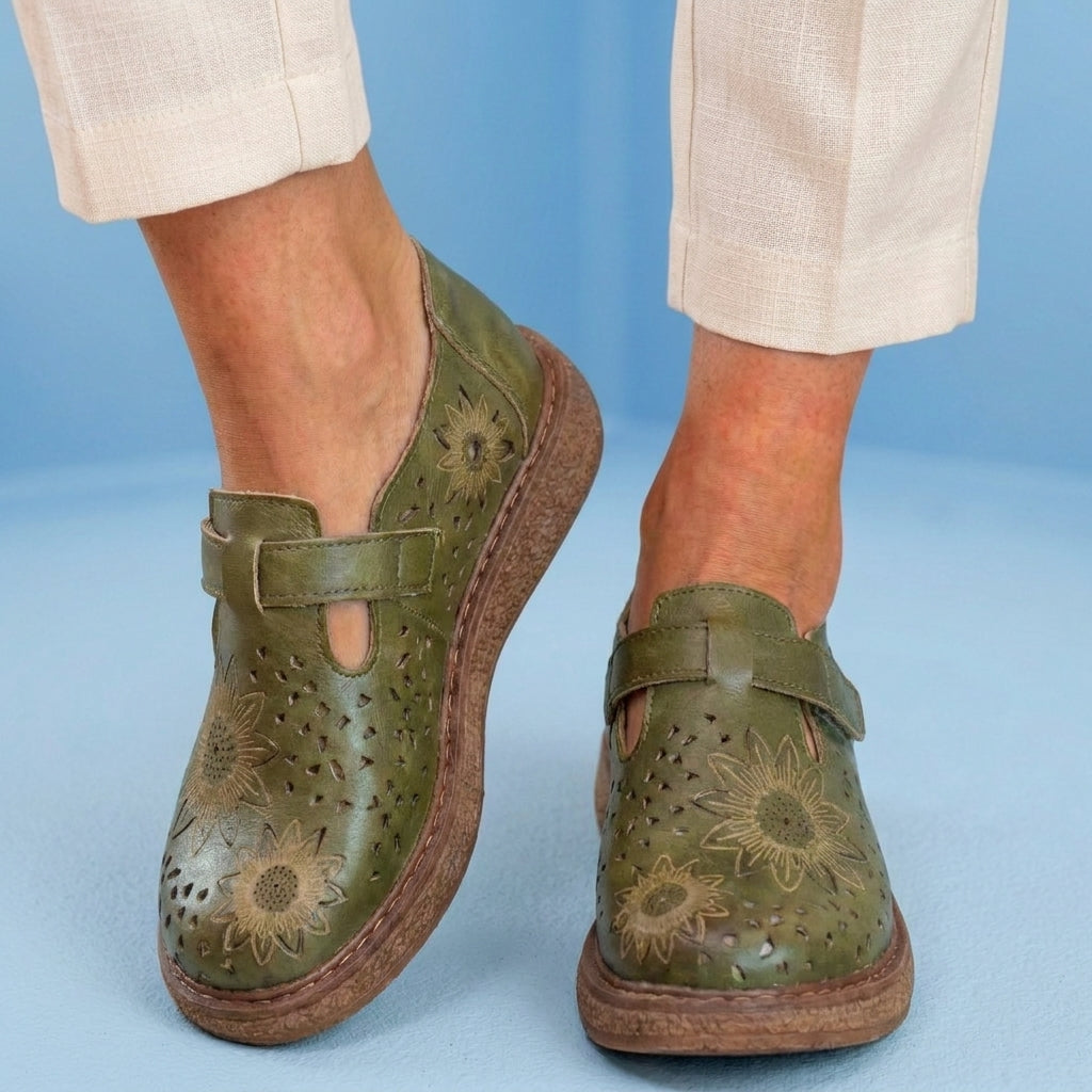 Orthopedic Leather Perforated Mary Janes - Floral Cutout T-Strap