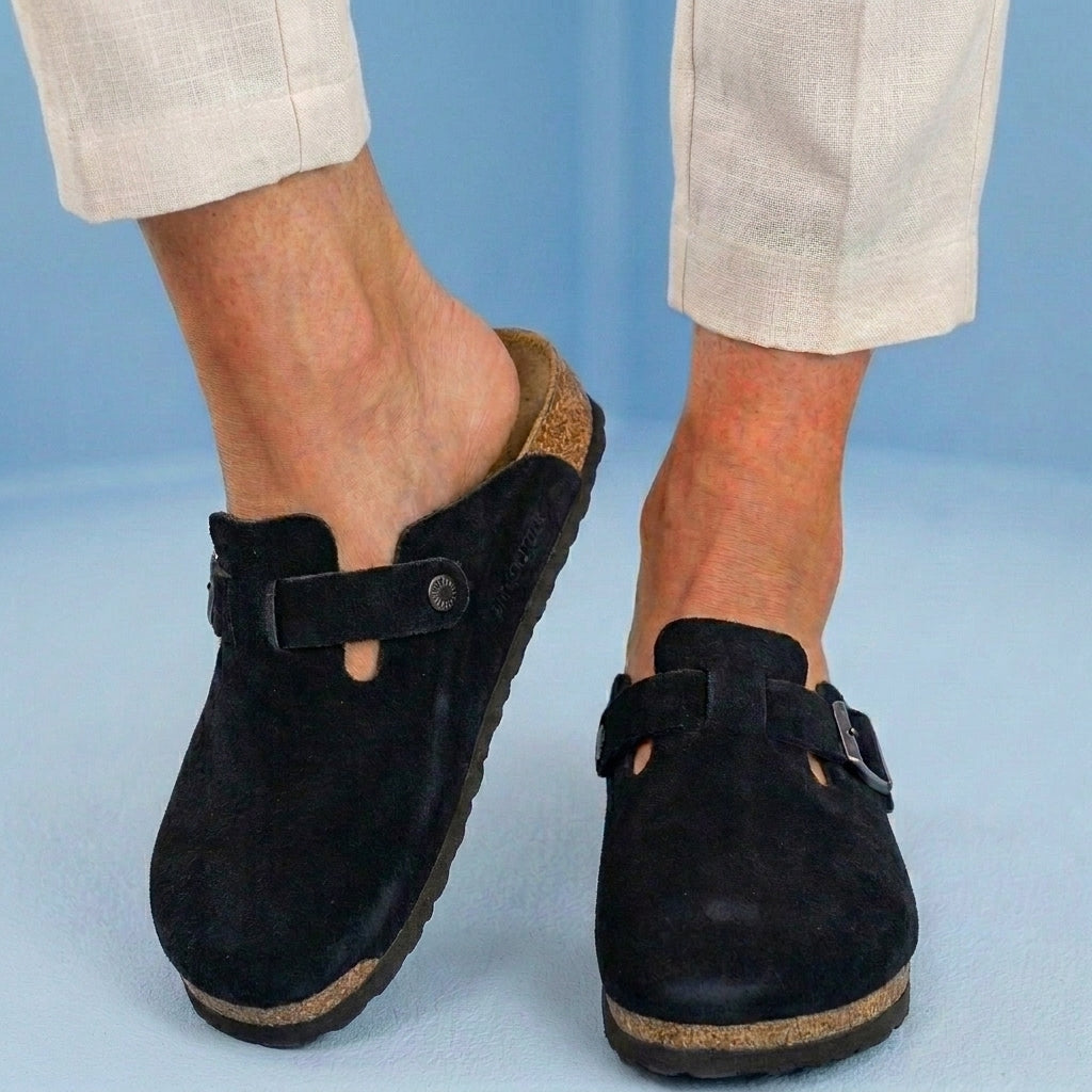 Orthopedic Suede Cork Footbed Clogs - Single Buckle Detail